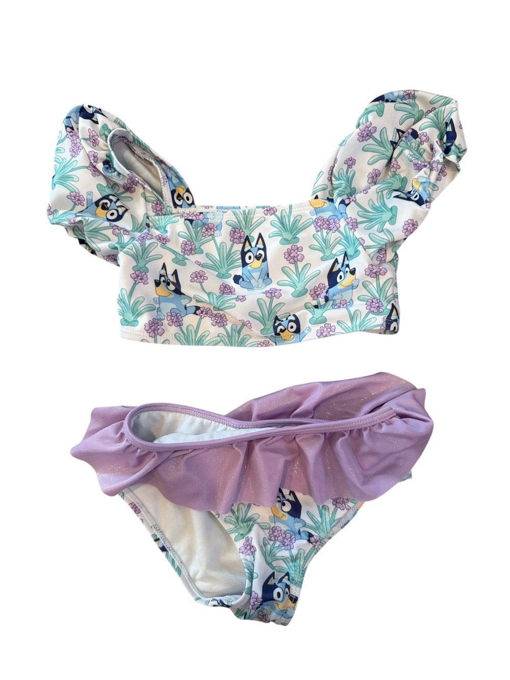 Girls Purple & White Bluey Print Ruffle Bikini - Kids Swim